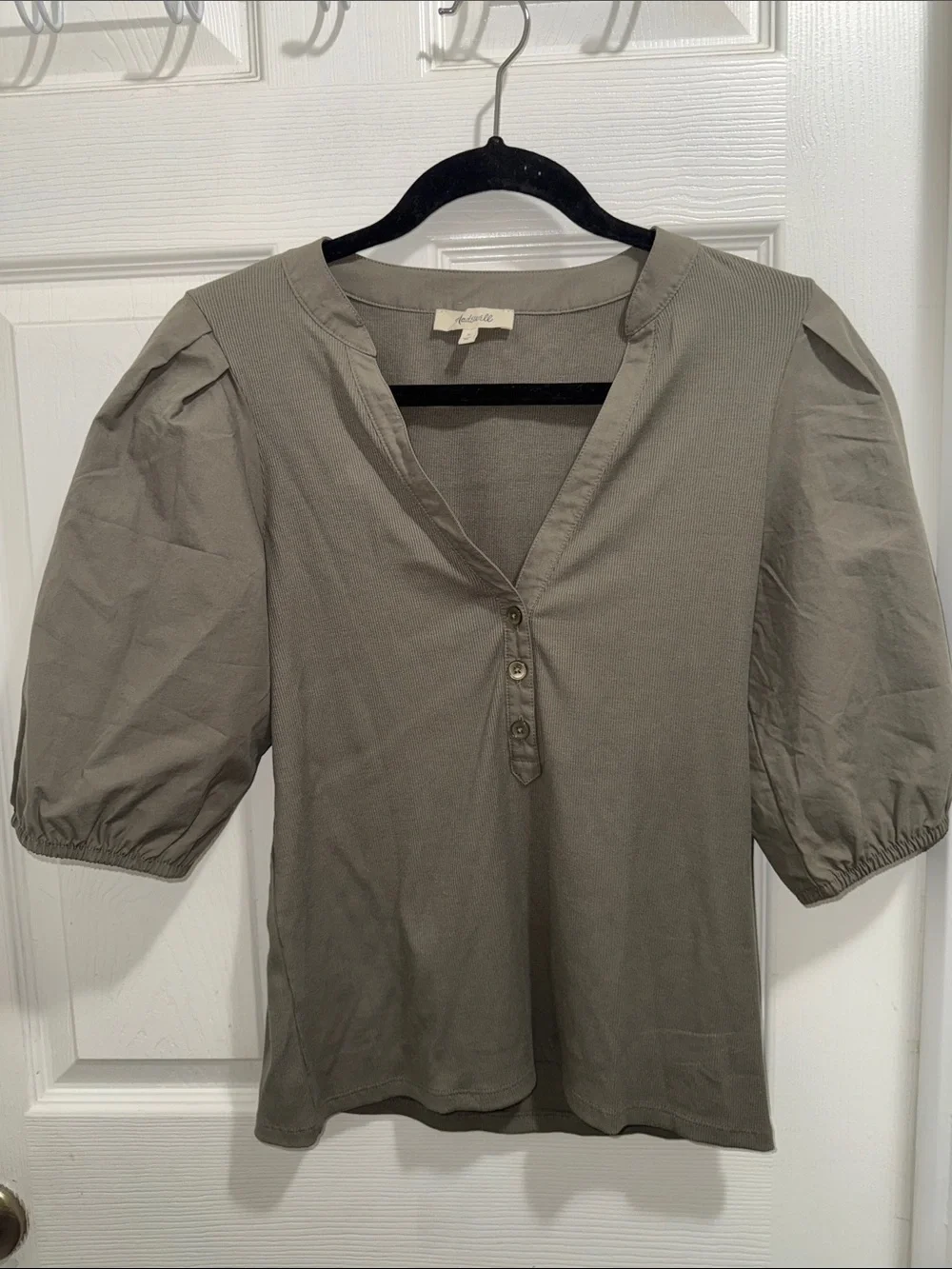 Madewell Olive Green Puff-Sleeve Henley Top